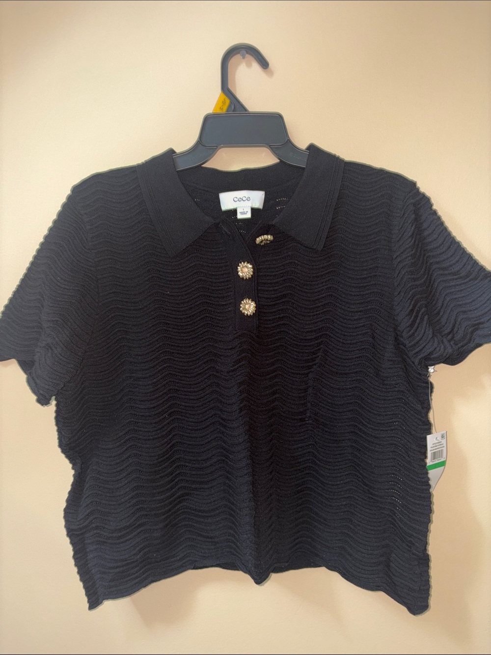 CeCe Black Short Sleeve Polo with Decorative Gold Buttons